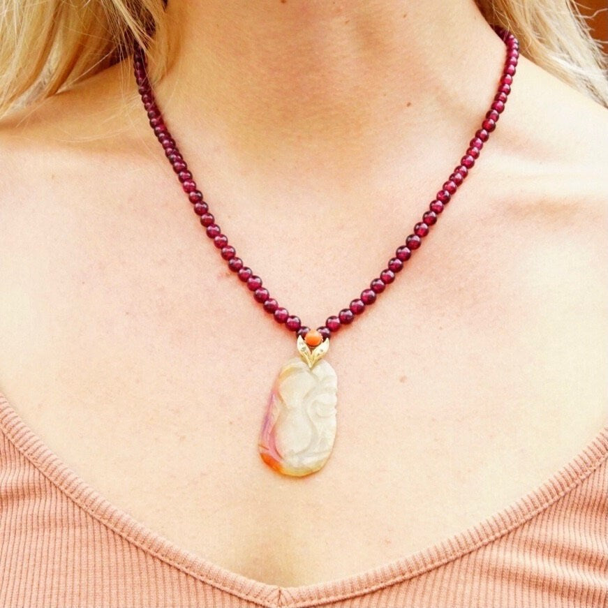 White Jade Garnet Bead Pendant Necklace, Dark Purple Garnet Beads, 14K Filigree Clasp & Pendant Bail, 19" L