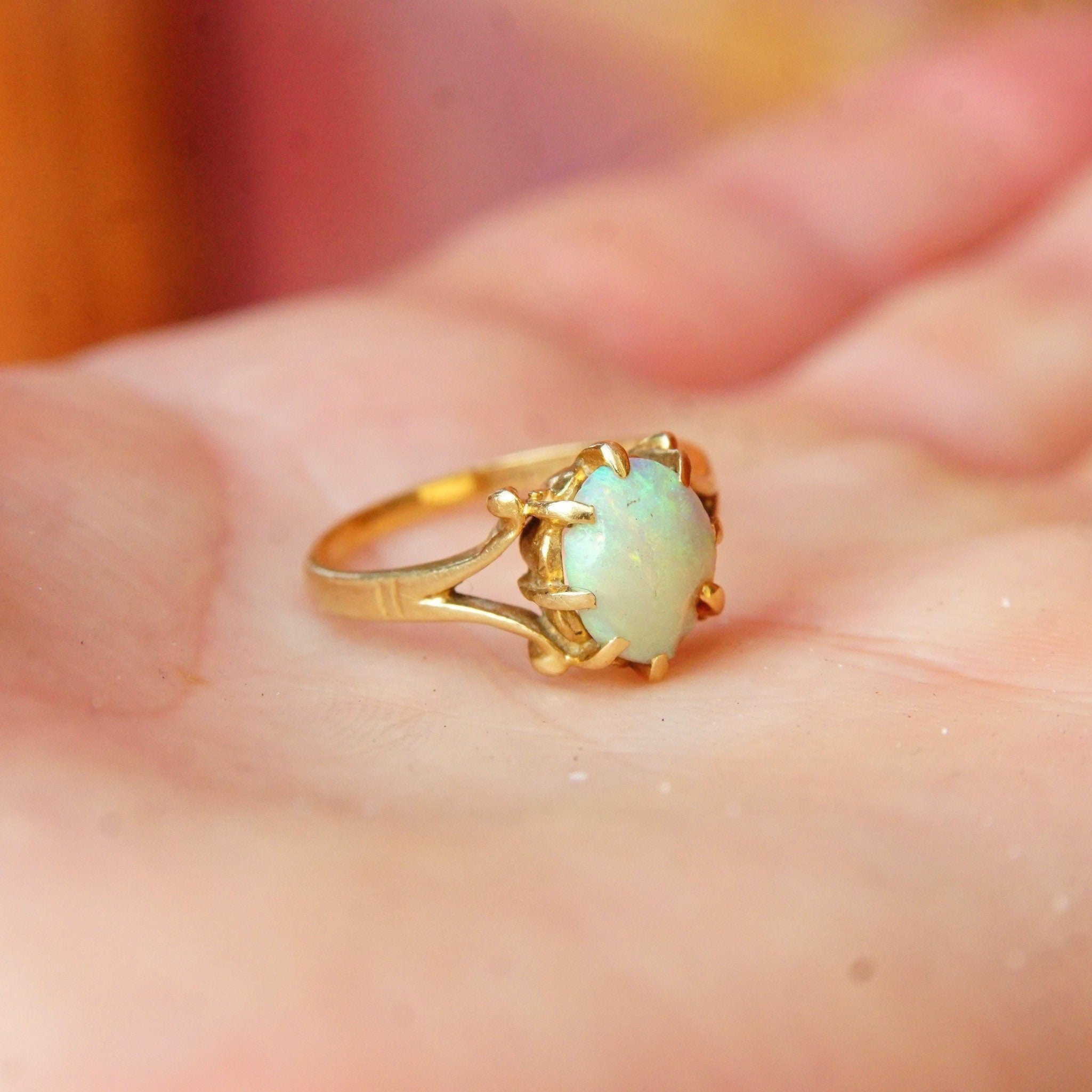 Vintage 14K Bonded Gold Opal Cabochon Ring, Iridescent Opal Gemstone, Elegant Yellow Gold Ring, 585 Jewelry, Size 4 3/4 US