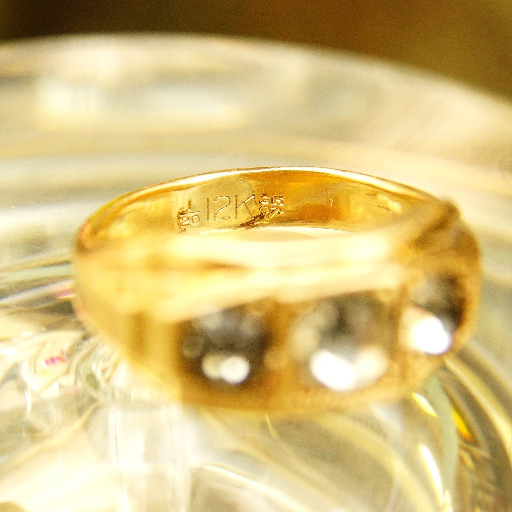 Vintage 12KT GF Three-Diamond Signet Ring, Simulated Diamonds, Yellow Gold Saddle Ring, Art Deco Style, Size 10 1/2 US