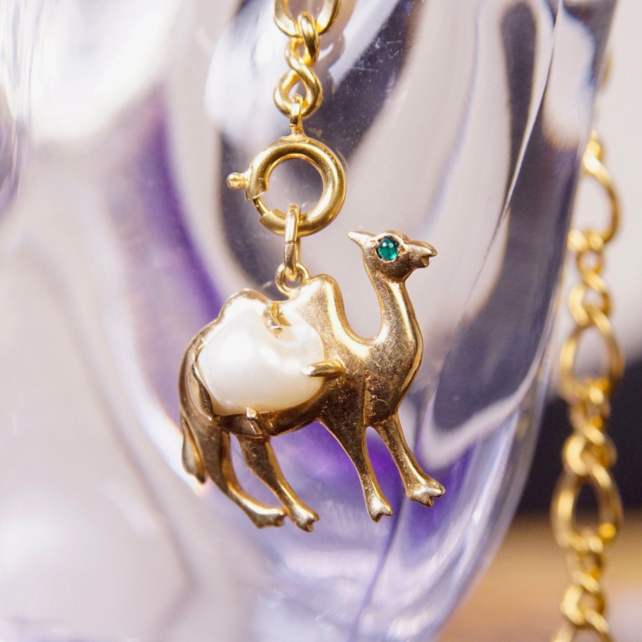 Vintage 14K Gold & Baroque Pearl Camel Charm/Pendant, Petite Gold Camel Charm, Emerald Green Eyes, Prong Set Pearl, 3/4