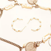 Vintage 14K Gold Baroque Pearl Hoop Earrings, Small Cute Pearl Huggie Hoops, Accents Gold Beads, 22mm