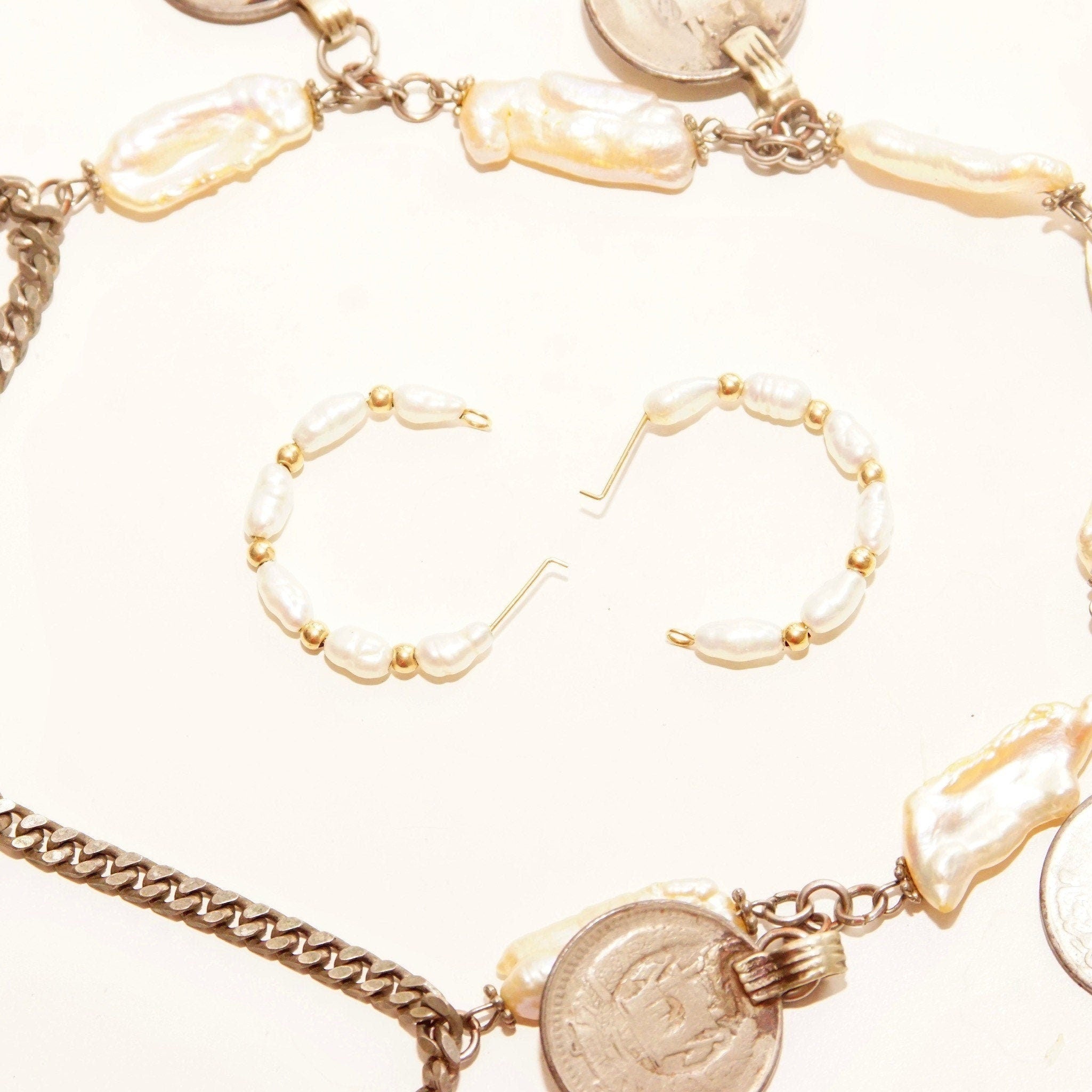 Vintage 14K Gold Baroque Pearl Hoop Earrings, Small Cute Pearl Huggie Hoops, Accents Gold Beads, 22mm