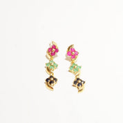 Vintage 14K Gold Jeweled Flower Pierced Dangle Earrings, Faceted Pink Green & Blue Stones, Tiered Yellow Prong Settings, Cute Earrings, 30mm