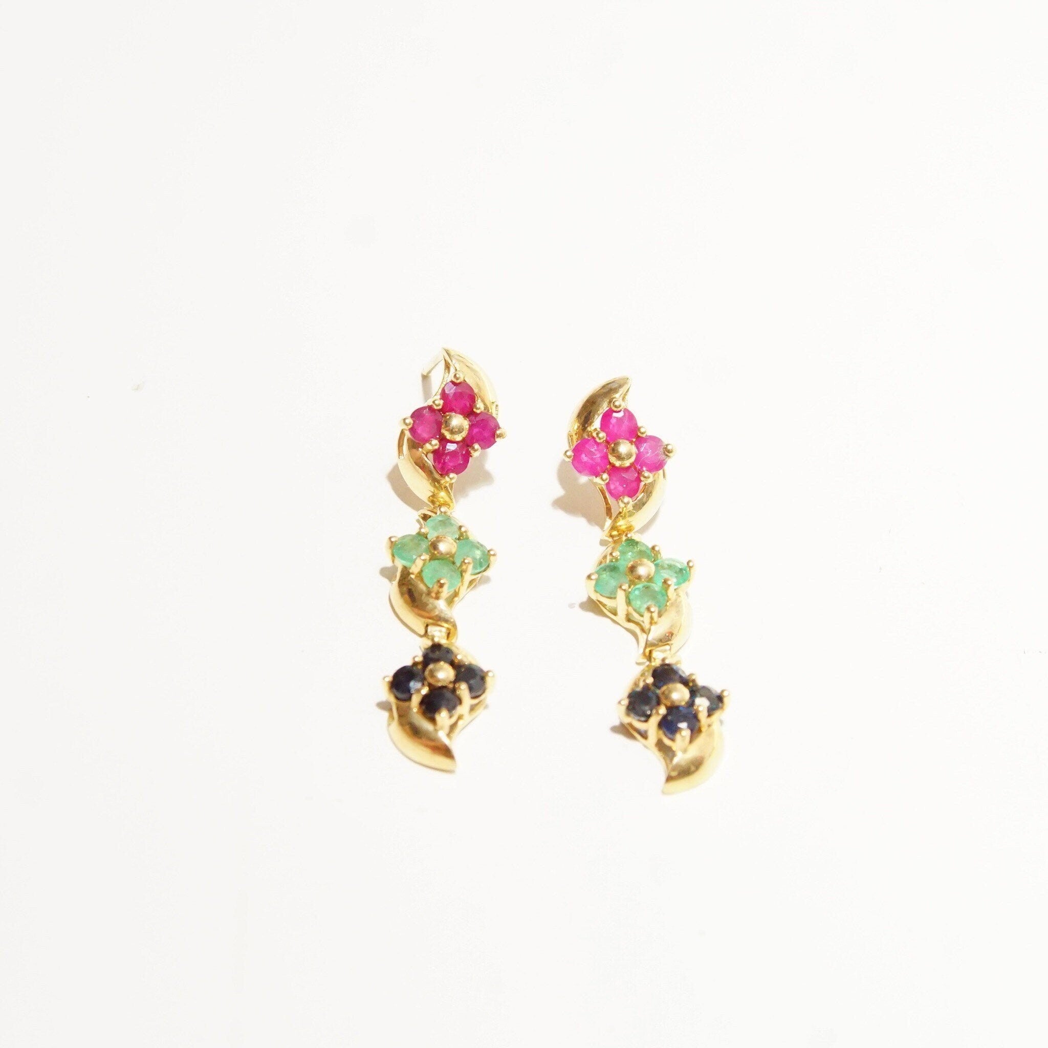 Vintage 14K Gold Jeweled Flower Pierced Dangle Earrings, Faceted Pink Green & Blue Stones, Tiered Yellow Prong Settings, Cute Earrings, 30mm