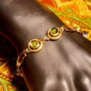 Vintage 14K Gold Link Bracelet W Green Glass Quartz, 4 Round Bezel-Set Green Glass Quartz, Spring Ring Clasp, Security Chain, 7 1/4" Long