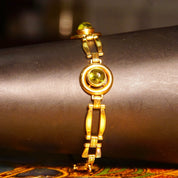 Vintage 14K Gold Link Bracelet W Green Glass Quartz, 4 Round Bezel-Set Green Glass Quartz, Spring Ring Clasp, Security Chain, 7 1/4" Long
