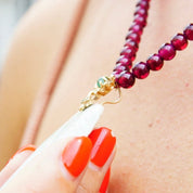 Vintage 14K Gold Carved Jade Garnet Bead Pendant Necklace, Light Green Jade, Dark Purple Garnet, 14K Filigree Clasp & Pendant Bail, 19" Long
