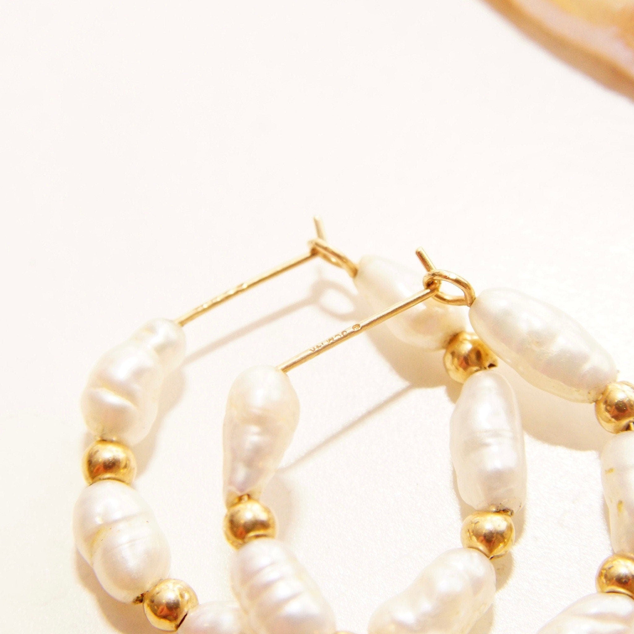 Vintage 14K Gold Baroque Pearl Hoop Earrings, Small Cute Pearl Huggie Hoops, Accents Gold Beads, 22mm