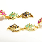 Vintage 14K Gold Jeweled Flower Pierced Dangle Earrings, Faceted Pink Green & Blue Stones, Tiered Yellow Prong Settings, Cute Earrings, 30mm