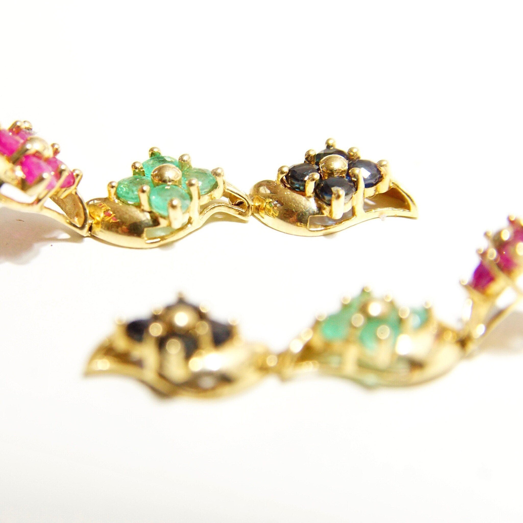 Vintage 14K Gold Jeweled Flower Pierced Dangle Earrings, Faceted Pink Green & Blue Stones, Tiered Yellow Prong Settings, Cute Earrings, 30mm