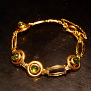 Vintage 14K Gold Link Bracelet W Green Glass Quartz, 4 Round Bezel-Set Green Glass Quartz, Spring Ring Clasp, Security Chain, 7 1/4" Long