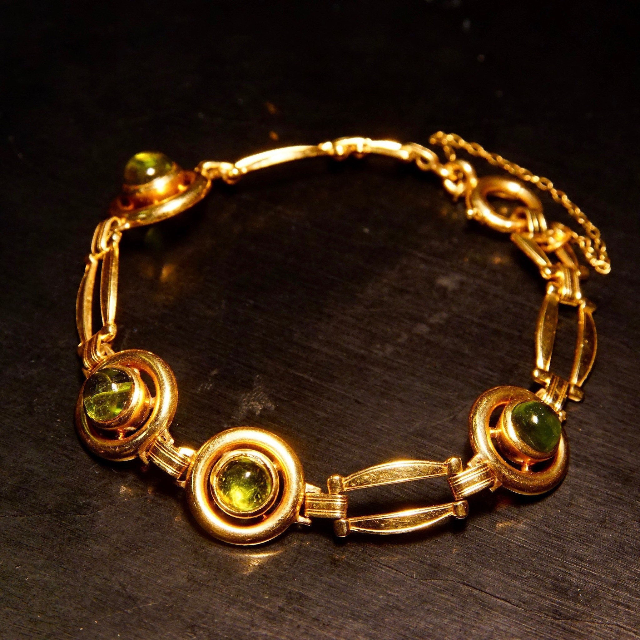 Vintage 14K Gold Link Bracelet W Green Glass Quartz, 4 Round Bezel-Set Green Glass Quartz, Spring Ring Clasp, Security Chain, 7 1/4" Long