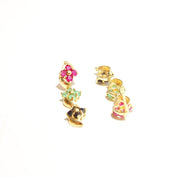 Vintage 14K Gold Jeweled Flower Pierced Dangle Earrings, Faceted Pink Green & Blue Stones, Tiered Yellow Prong Settings, Cute Earrings, 30mm