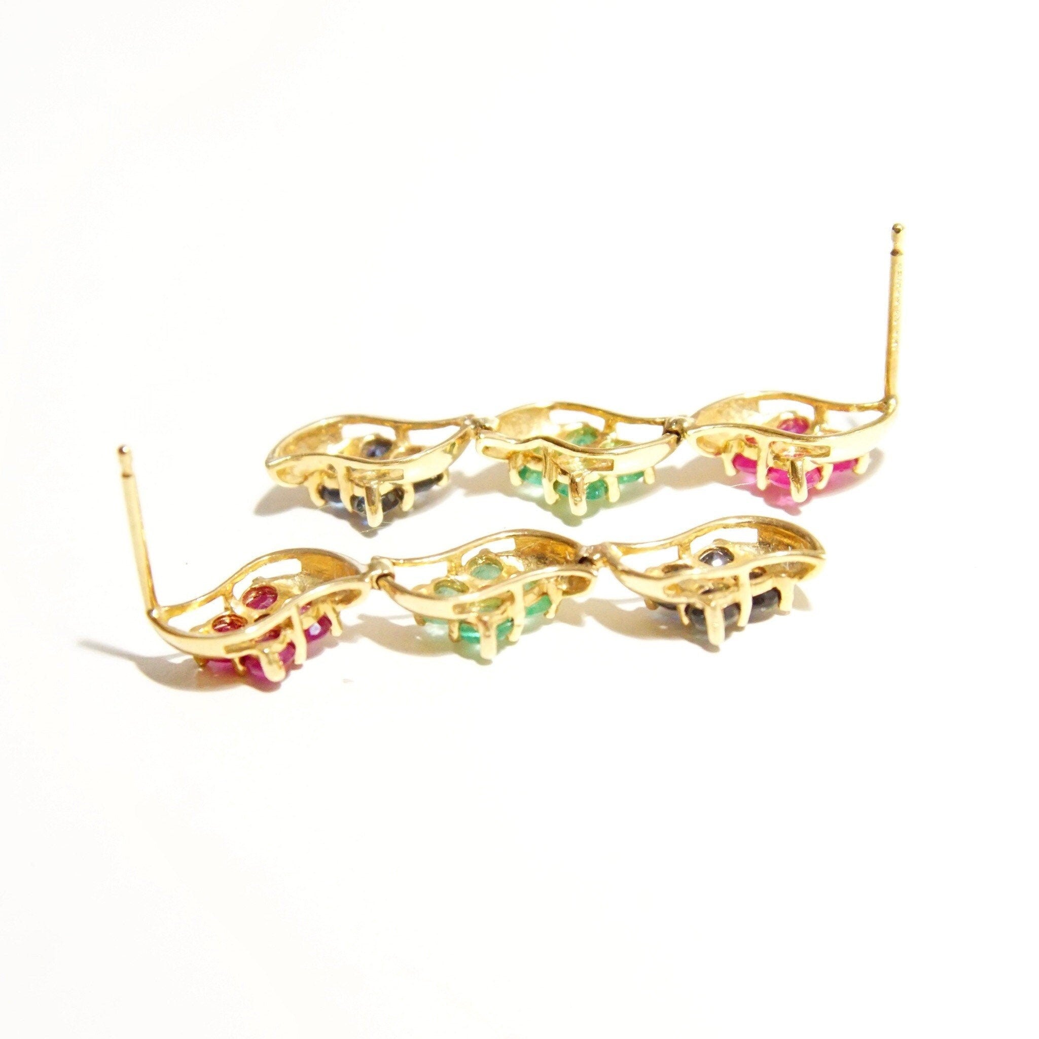 Vintage 14K Gold Jeweled Flower Pierced Dangle Earrings, Faceted Pink Green & Blue Stones, Tiered Yellow Prong Settings, Cute Earrings, 30mm
