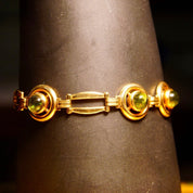 Vintage 14K Gold Link Bracelet W Green Glass Quartz, 4 Round Bezel-Set Green Glass Quartz, Spring Ring Clasp, Security Chain, 7 1/4" Long