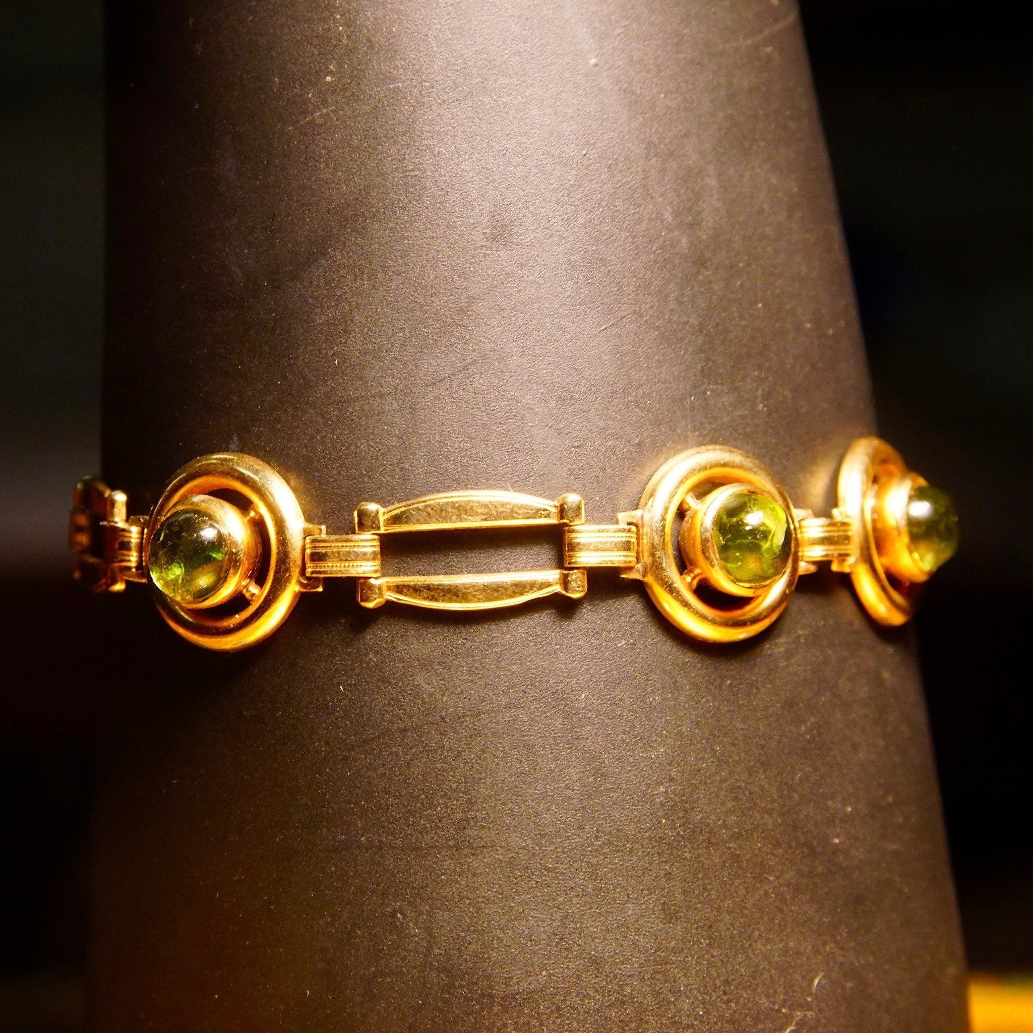 Vintage 14K Gold Link Bracelet W Green Glass Quartz, 4 Round Bezel-Set Green Glass Quartz, Spring Ring Clasp, Security Chain, 7 1/4" Long