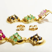 Vintage 14K Gold Jeweled Flower Pierced Dangle Earrings, Faceted Pink Green & Blue Stones, Tiered Yellow Prong Settings, Cute Earrings, 30mm