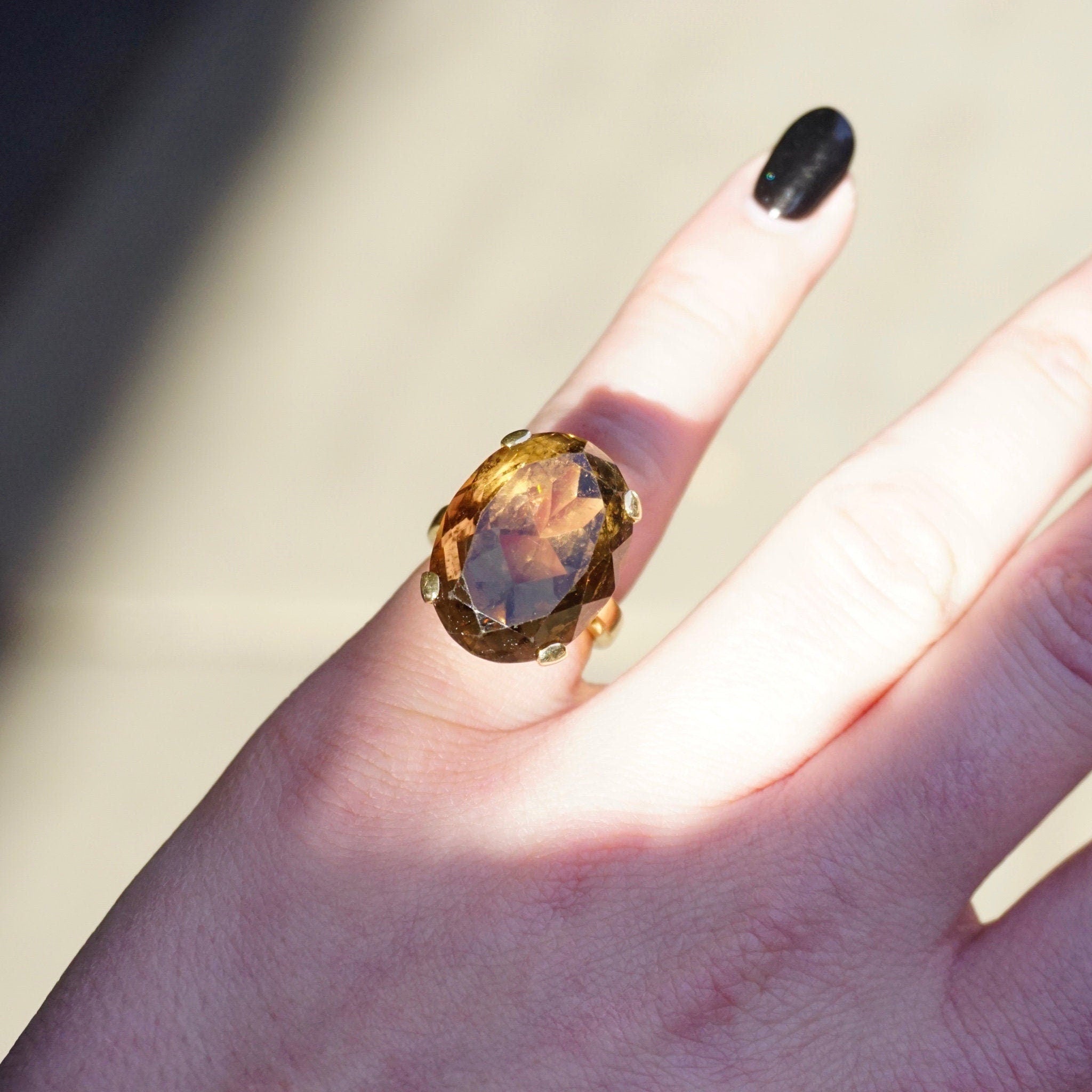 Vintage 14K Gold Smoky Quartz Cocktail Ring, Beautiful Raised Stone Gold Ring, Oval Cut Smoky Quartz Estate Ring, 14K Gold Jewelry