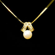 Vintage 14K Pearl Solitaire Diamond Accent Pendant, Yellow Gold (8) Diamond Pave Ribbon Setting, Dainty 585 Pendant, Elegant, 16 1/2" Long
