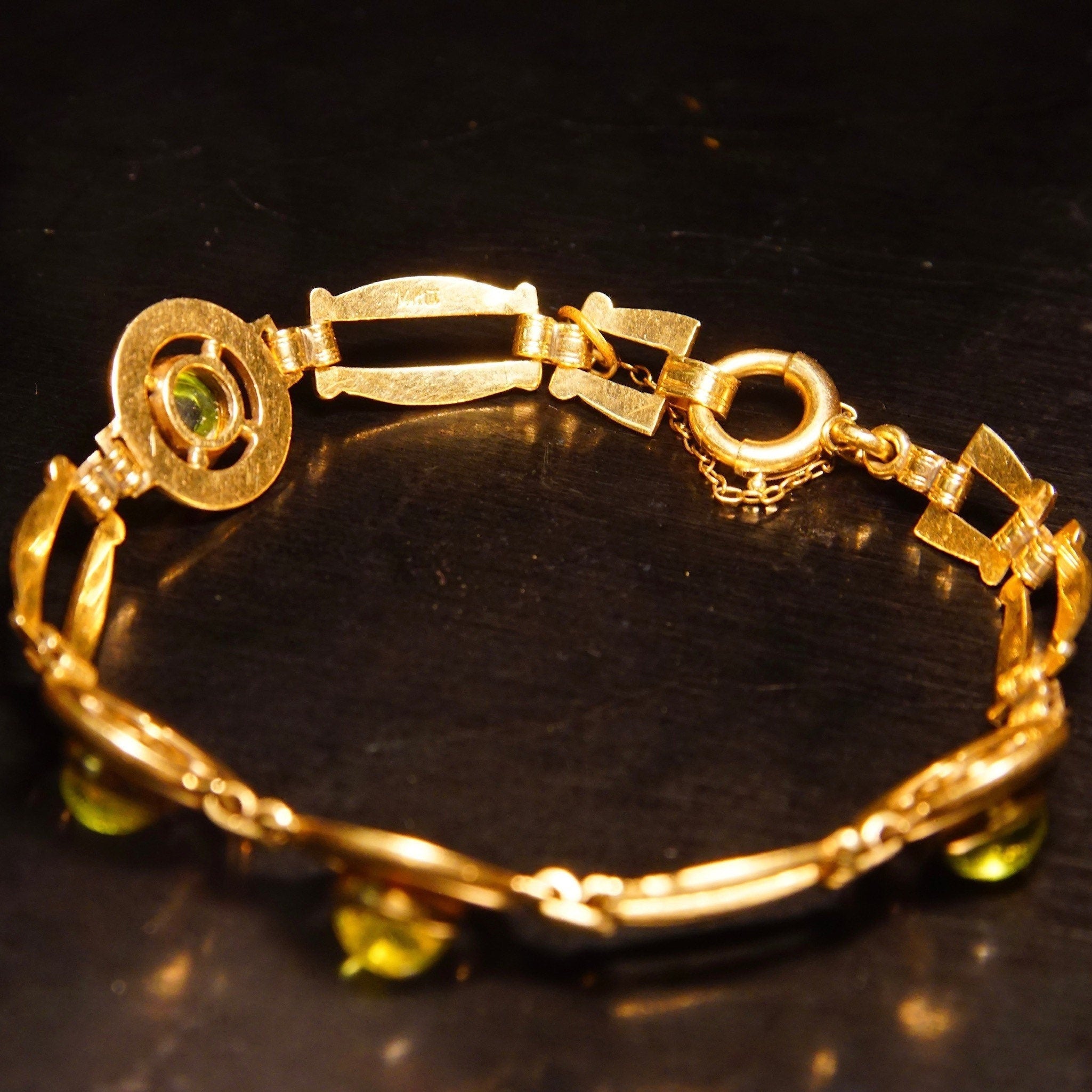 Vintage 14K Gold Link Bracelet W Green Glass Quartz, 4 Round Bezel-Set Green Glass Quartz, Spring Ring Clasp, Security Chain, 7 1/4" Long