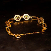 Vintage 14K Gold Link Bracelet W Green Glass Quartz, 4 Round Bezel-Set Green Glass Quartz, Spring Ring Clasp, Security Chain, 7 1/4" Long