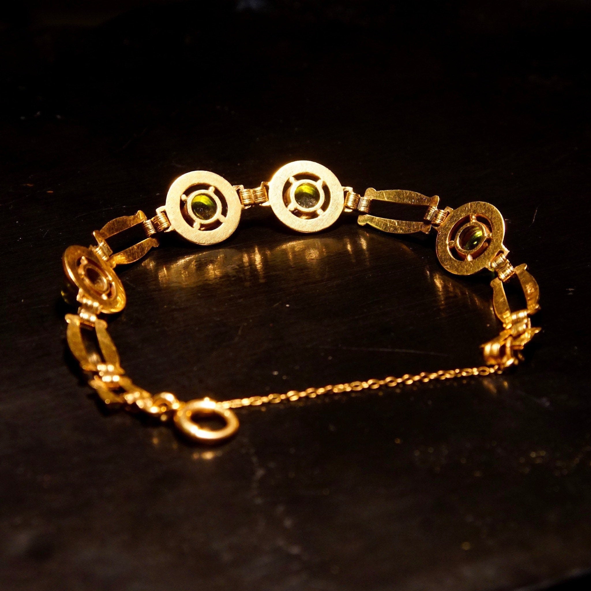 Vintage 14K Gold Link Bracelet W Green Glass Quartz, 4 Round Bezel-Set Green Glass Quartz, Spring Ring Clasp, Security Chain, 7 1/4" Long