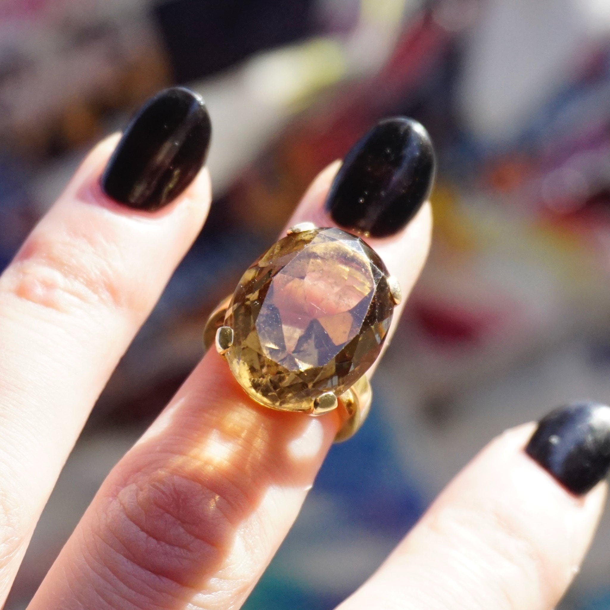 Vintage 14K Gold Smoky Quartz Cocktail Ring, Beautiful Raised Stone Gold Ring, Oval Cut Smoky Quartz Estate Ring, 14K Gold Jewelry