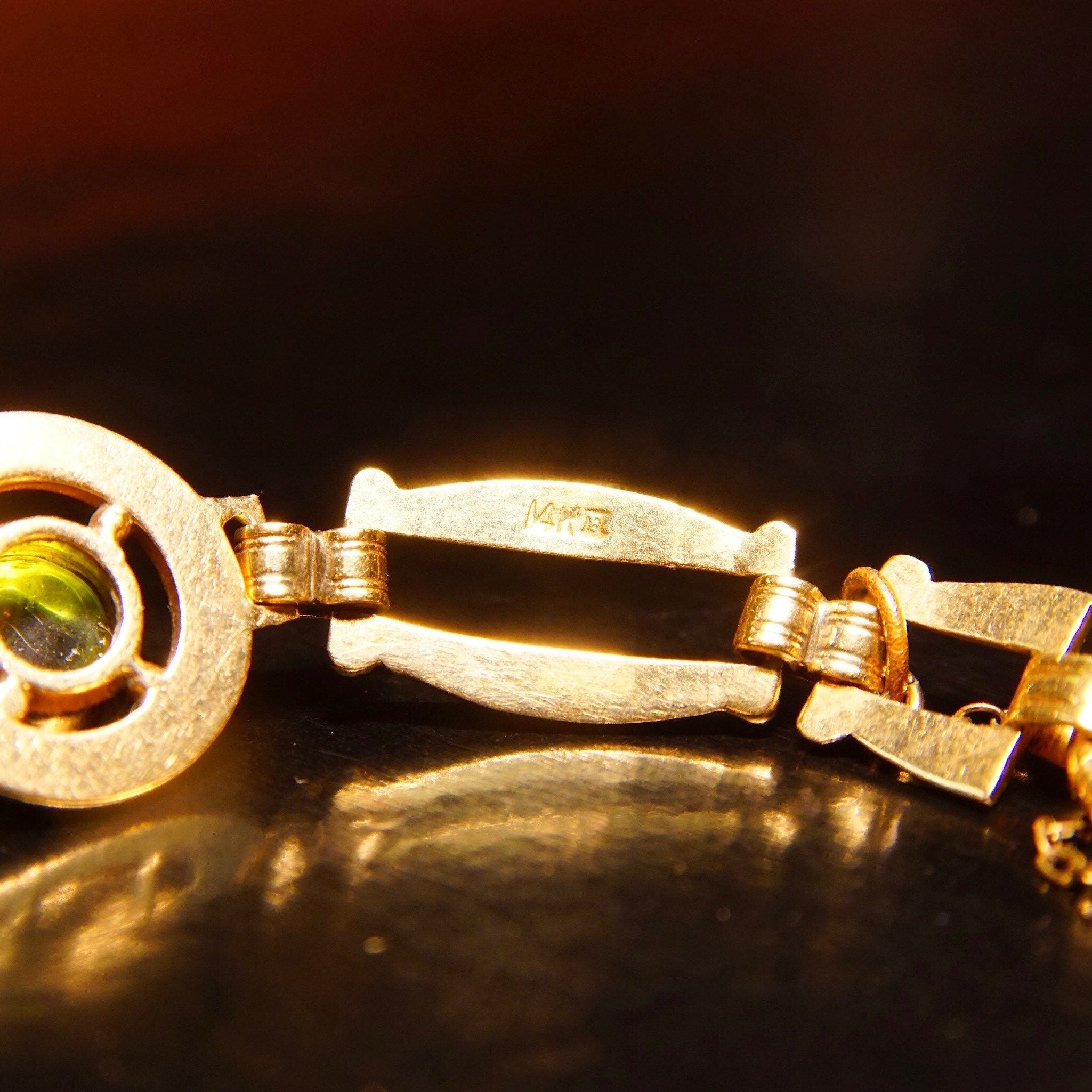 Vintage 14K Gold Link Bracelet W Green Glass Quartz, 4 Round Bezel-Set Green Glass Quartz, Spring Ring Clasp, Security Chain, 7 1/4" Long