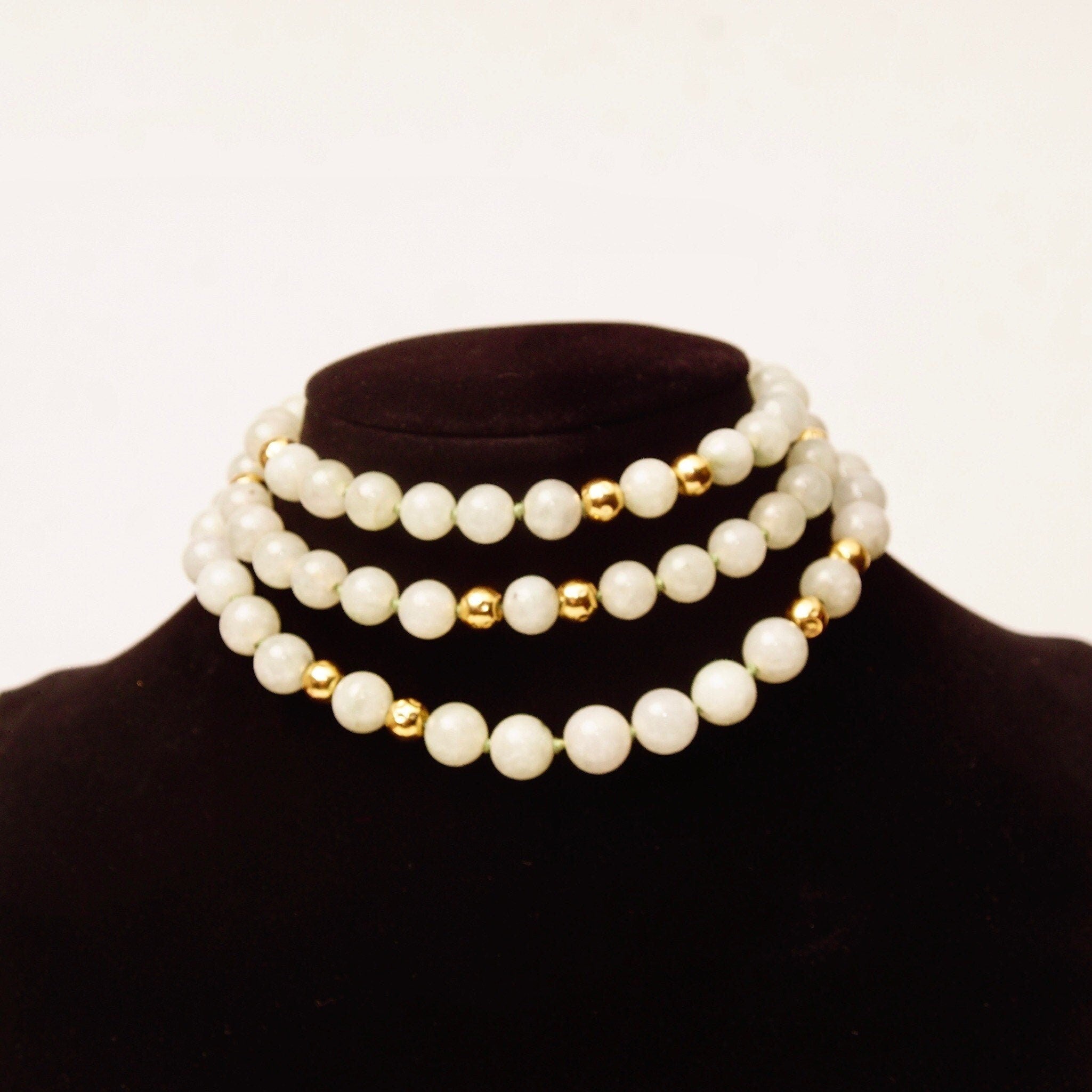 Vintage 14K Nephrite Jade Knotted Bead Necklace, Polished 9mm Round Jade Beads, 7mm Gold Crinkle Bead Accents, Layered Beads, 33 1/2" L