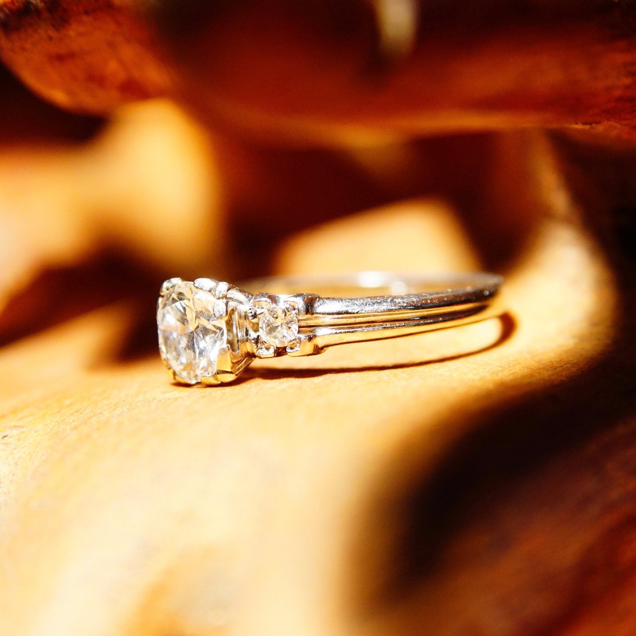 Vintage 14K White Gold Brilliant Diamond Ring With Accent Diamonds, .75 CT Center Stone, Solitaire Diamond Engagement Ring, Size 7 1/2 US