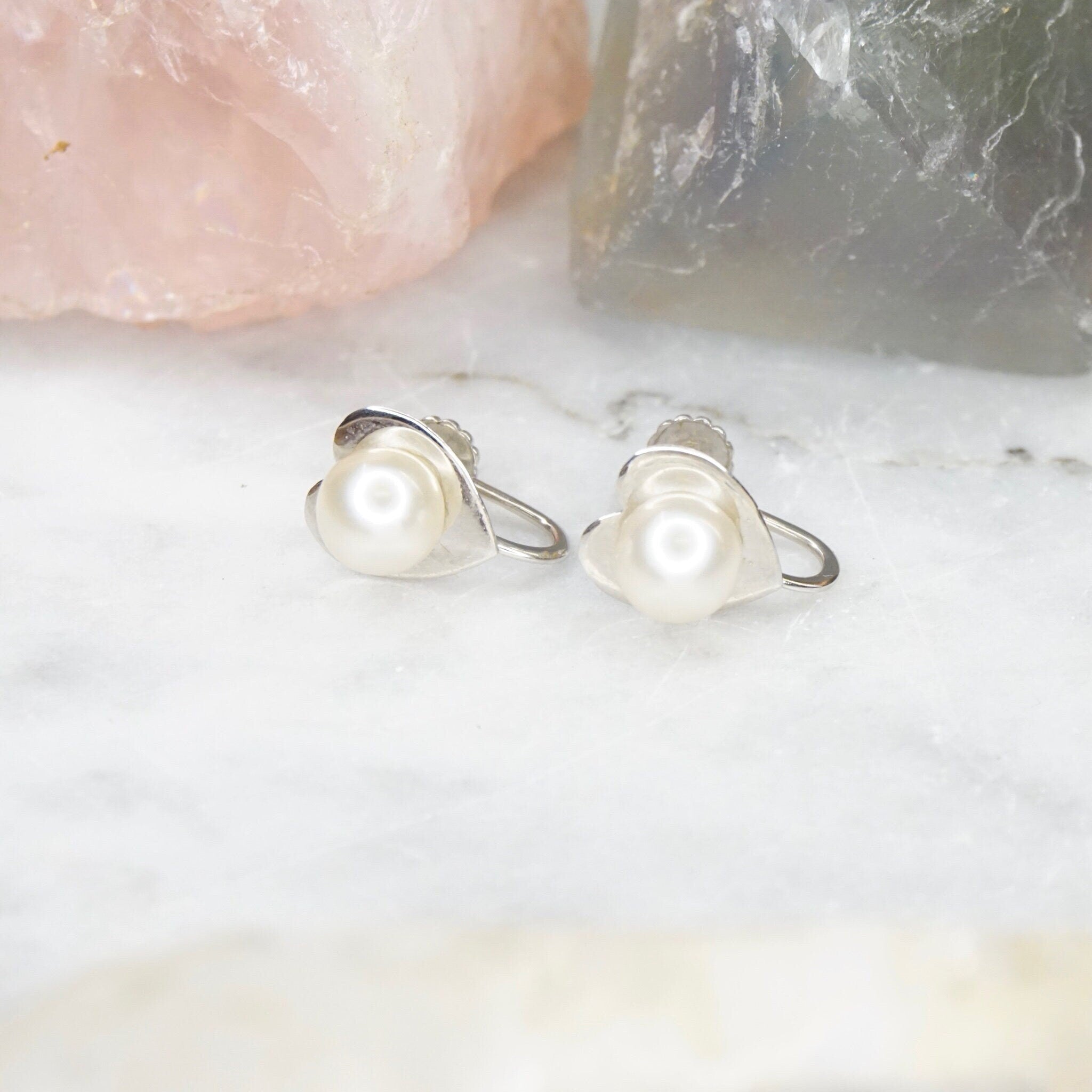 14k White Gold Pearl Heart Screw Back Earrings, Cute Small Gold Earrings With Genuine Pearl, 14k Jewelry