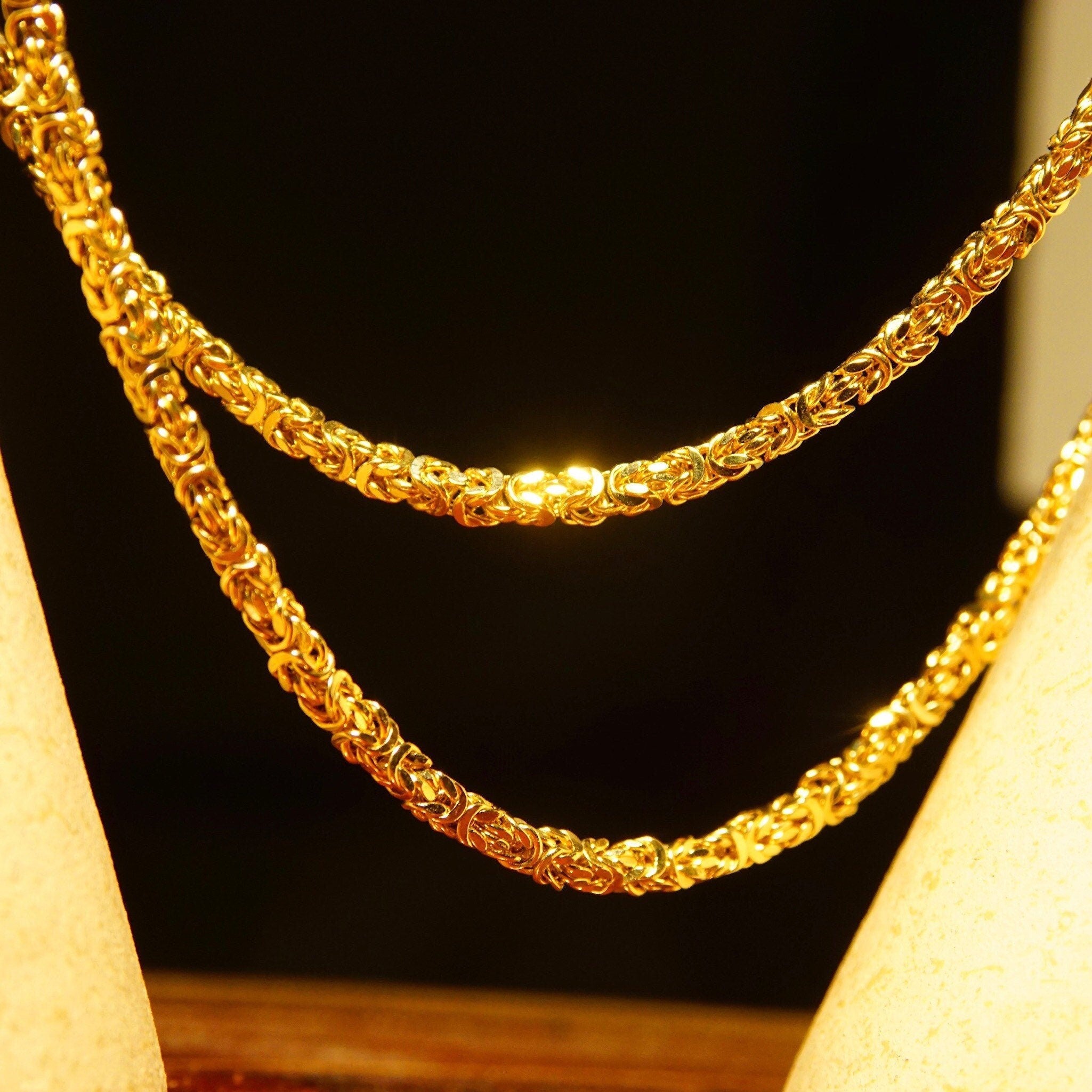 Vintage 14K Yellow Gold Byzantine Chain Necklace, 4mm Thick, Hollow Links, Voluminous Lightweight Chain, 585 HOB, 18" L