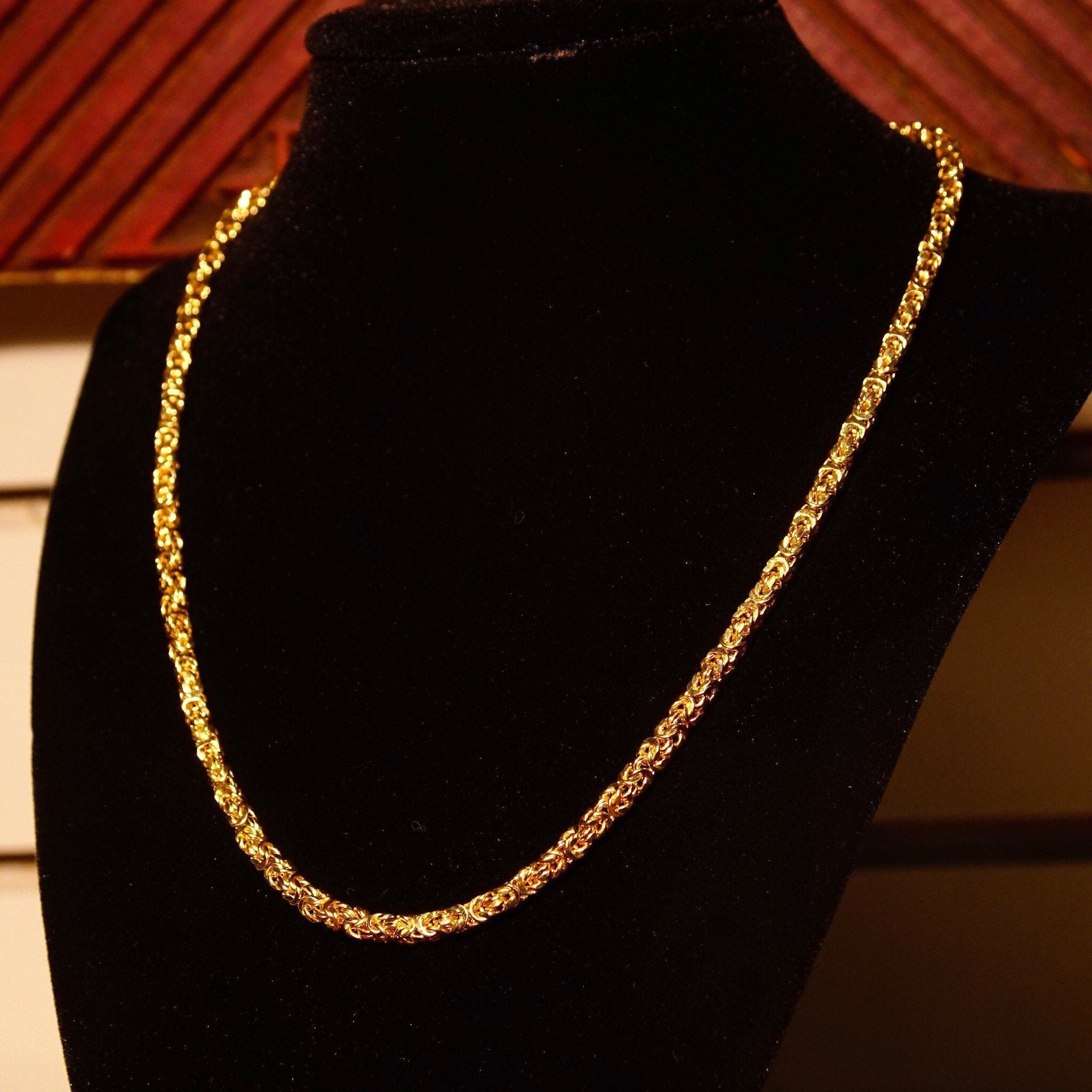 Vintage 14K Yellow Gold Byzantine Chain Necklace, 4mm Thick, Hollow Links, Voluminous Lightweight Chain, 585 HOB, 18" L