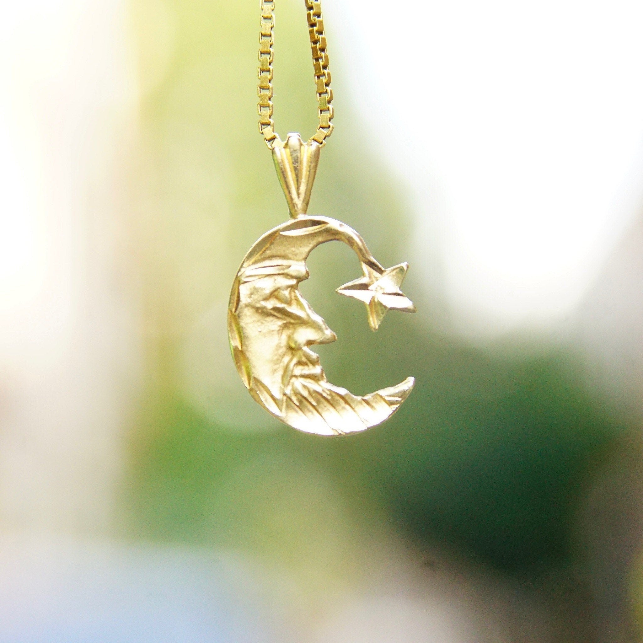 Vintage 14K Yellow Gold Crescent Moon & Star Charm, Small Hammered Gold Pendant, Celestial Moon Man Charm, 585 Jewelry,  7/8 L x 1/2 W