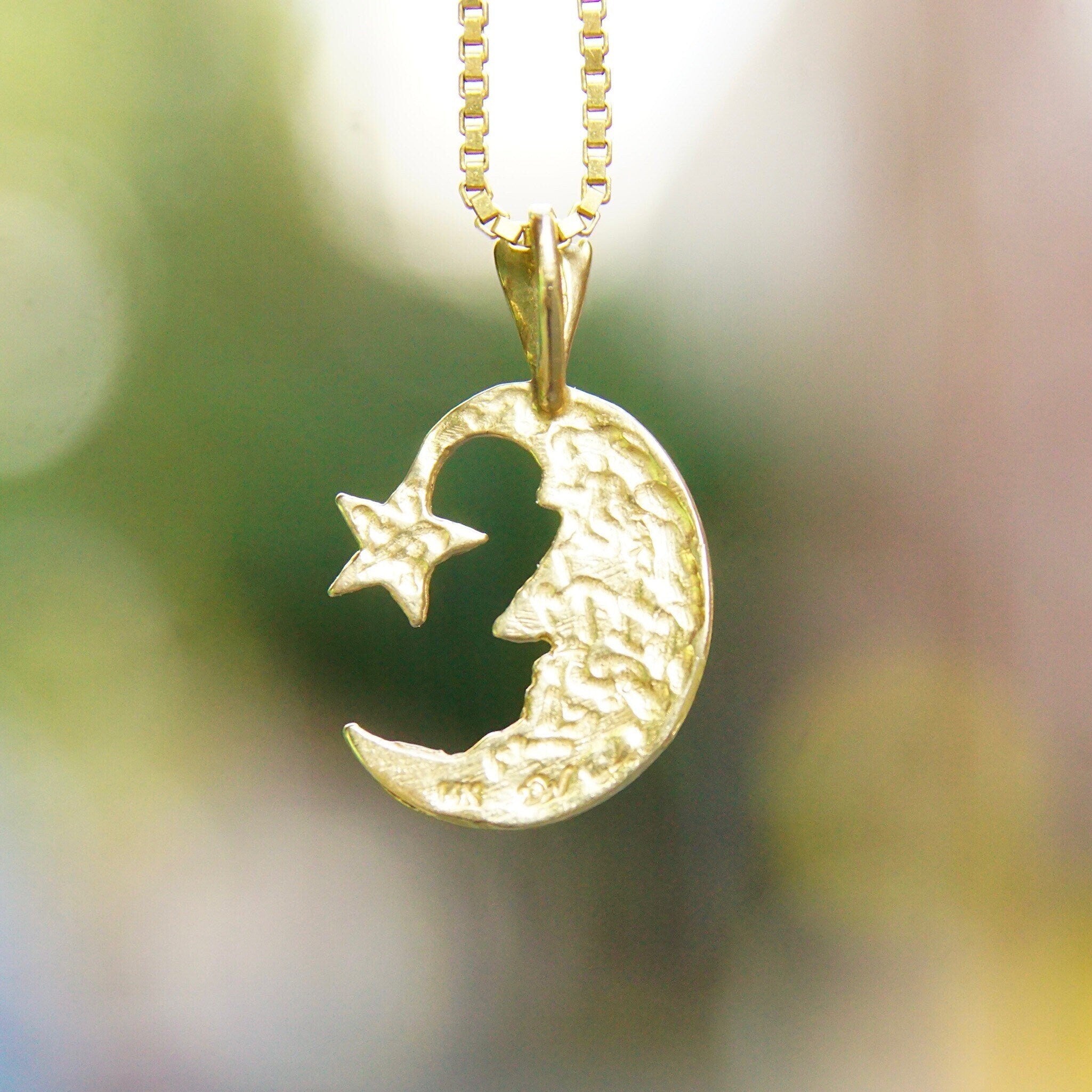 Vintage 14K Yellow Gold Crescent Moon & Star Charm, Small Hammered Gold Pendant, Celestial Moon Man Charm, 585 Jewelry,  7/8 L x 1/2 W
