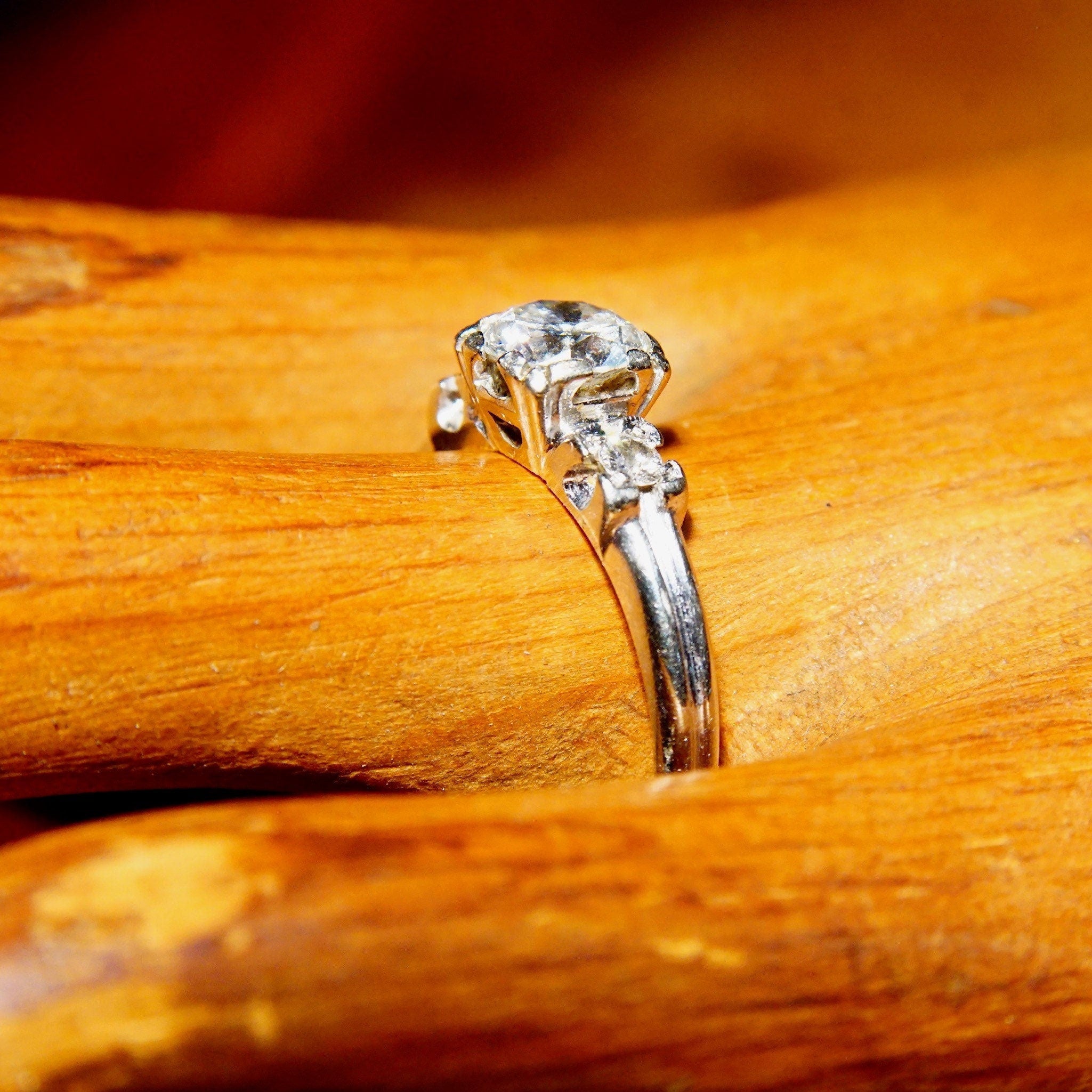 Vintage 14K White Gold Brilliant Diamond Ring With Accent Diamonds, .75 CT Center Stone, Solitaire Diamond Engagement Ring, Size 7 1/2 US