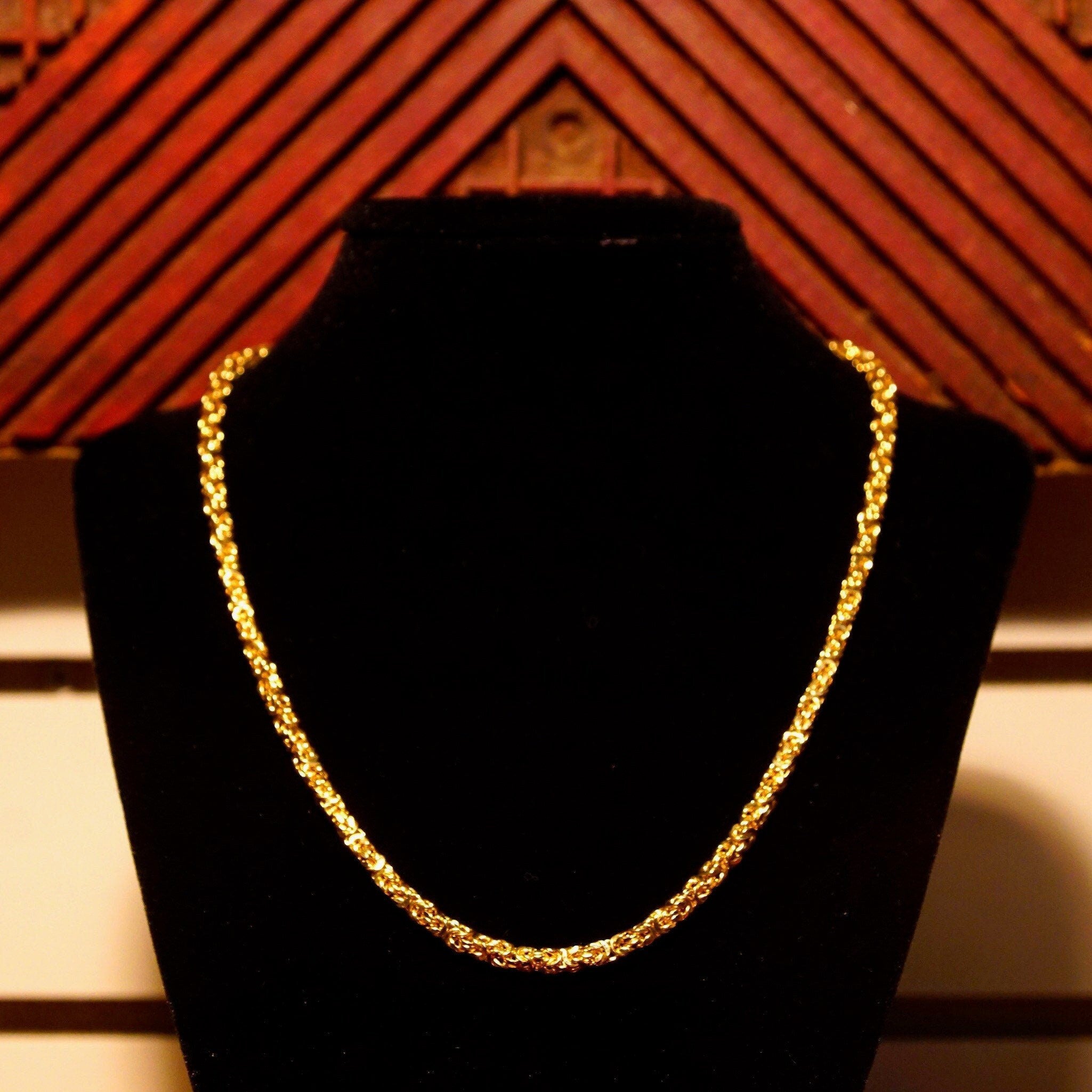 Vintage 14K Yellow Gold Byzantine Chain Necklace, 4mm Thick, Hollow Links, Voluminous Lightweight Chain, 585 HOB, 18" L