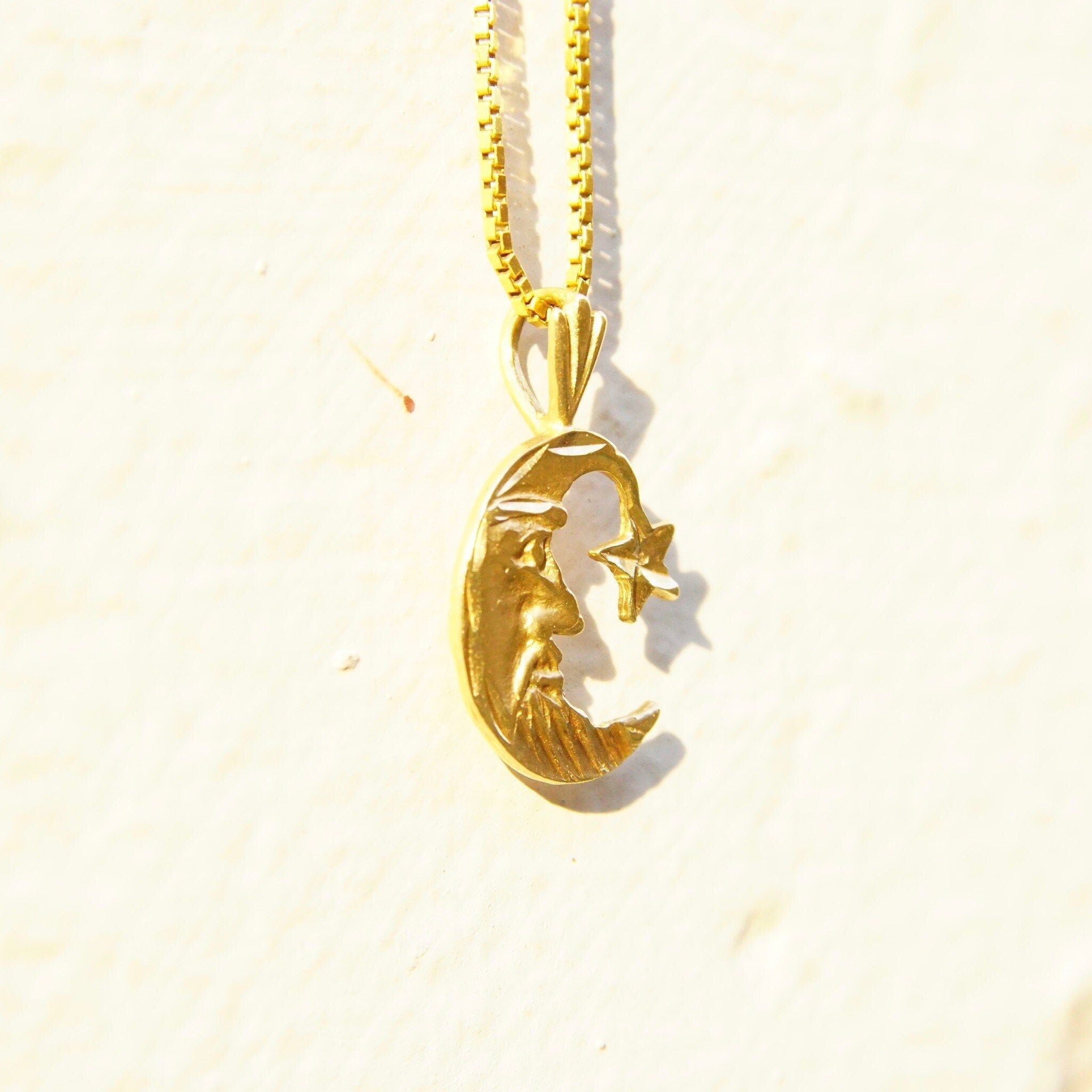 Vintage 14K Yellow Gold Crescent Moon & Star Charm, Small Hammered Gold Pendant, Celestial Moon Man Charm, 585 Jewelry,  7/8 L x 1/2 W