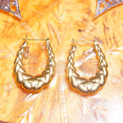 Vintage 14K Yellow Gold Repousse Hoop Earrings, Elongated Gold Hoops, Textured Oval Hoops, 585 Jewelry, 1 1/4 L