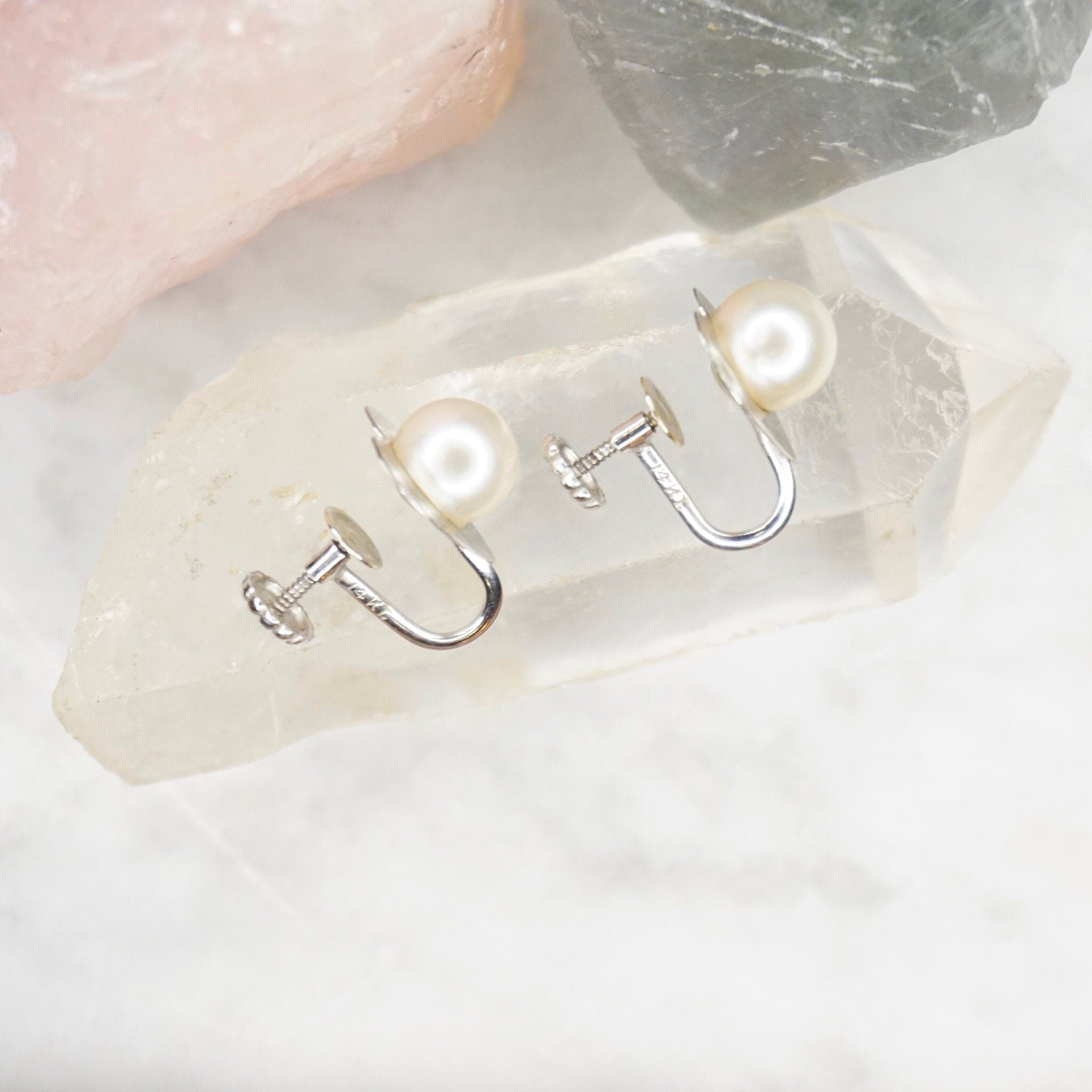 14k White Gold Pearl Heart Screw Back Earrings, Cute Small Gold Earrings With Genuine Pearl, 14k Jewelry