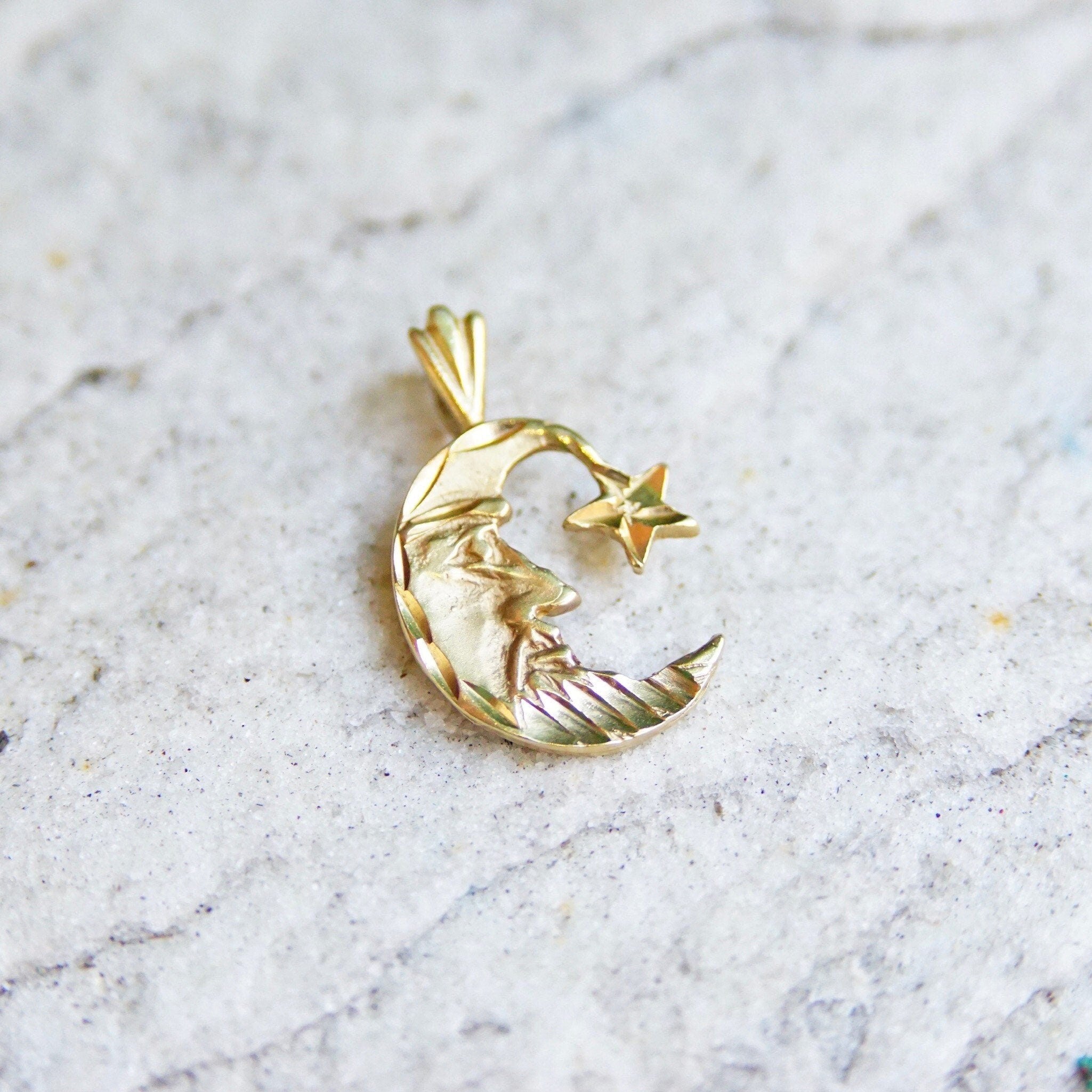 Vintage 14K Yellow Gold Crescent Moon & Star Charm, Small Hammered Gold Pendant, Celestial Moon Man Charm, 585 Jewelry,  7/8 L x 1/2 W