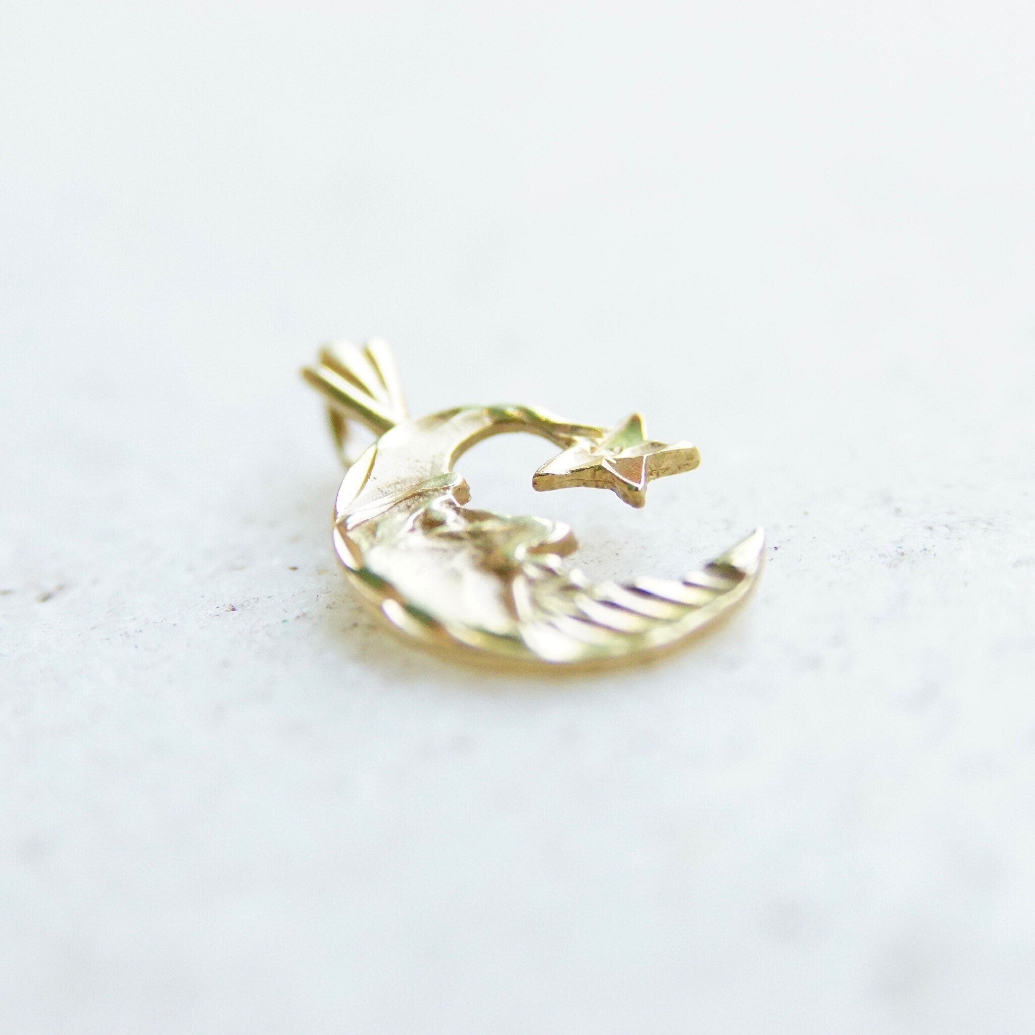 Vintage 14K Yellow Gold Crescent Moon & Star Charm, Small Hammered Gold Pendant, Celestial Moon Man Charm, 585 Jewelry,  7/8 L x 1/2 W