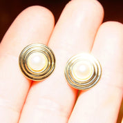 Vintage 14k Yellow Gold Pearl Halo Stud Earring, 6.35mm Cultured Pearl Earrings, Tiered Riveted Gold Stud Earrings, Elegant, 9/16"