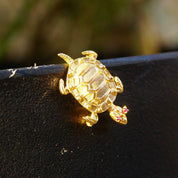 Vintage 14K Yellow Gold Ruby Eyed Turtle Brooch, Cute Turtle Pin With Small Ruby Gemstones, Animal Jewelry, 585