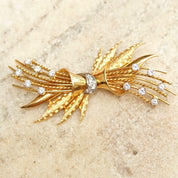 Vintage 18K Gold & Diamond Spray Brooch Pin, 1.5 TWC, Brilliant Cut, Textured Yellow Gold Bow Pin, Diamond Encrusted, Art Deco Jewelry