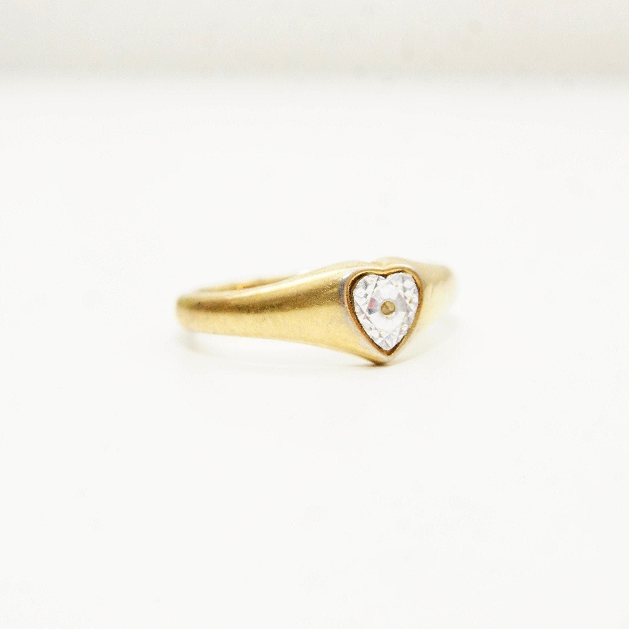 Vintage 18KGE Two-Tone Heart Ring, White-Gold Diamond-Cut Heart Inlay, Yellow Gold Band, Victorian Style, Illusions Setting, Size 8 3/4 US