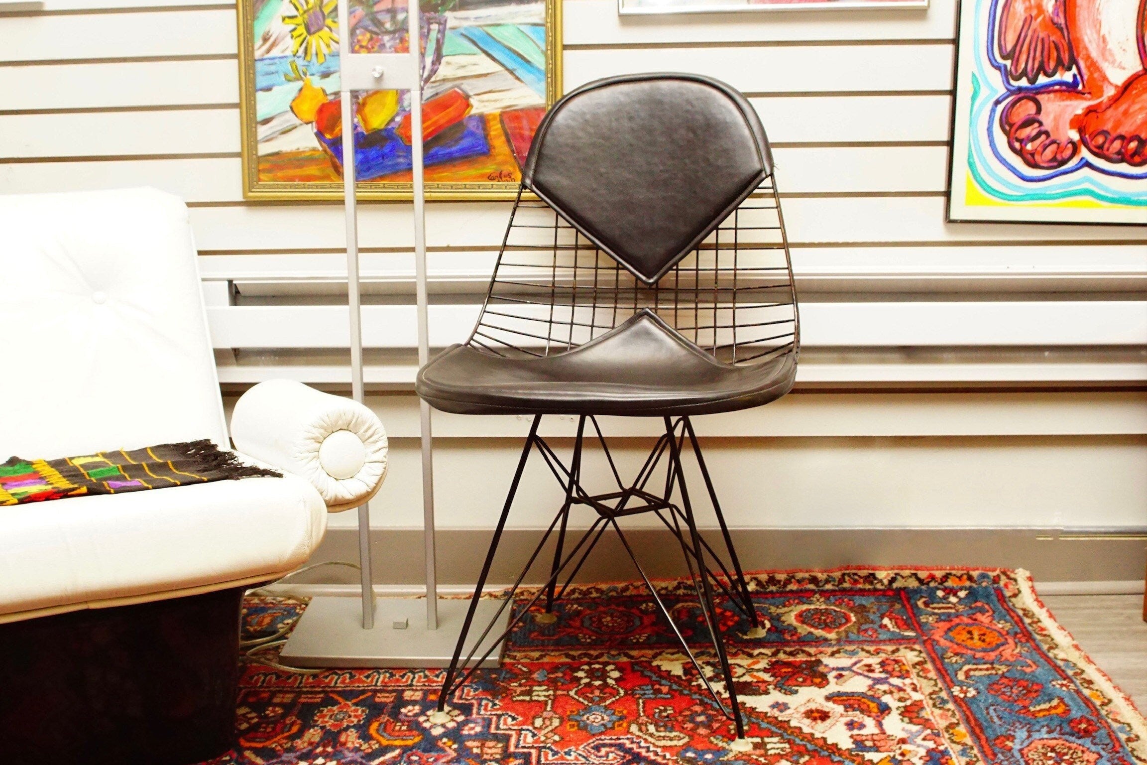 Vintage 1960's Herman Miller Eames Original Black Wire & Leather Bikini Chair DKR-2, Eiffel Base, Mid-Century Modern Accent Furniture, 32" H