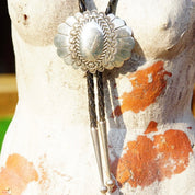 Vintage 1989 Signed Navajo Concho Bolo Tie, Hammered Silver Slide Clasp, Braided Black Leather, Silver Aglets, Native American Old Pawn