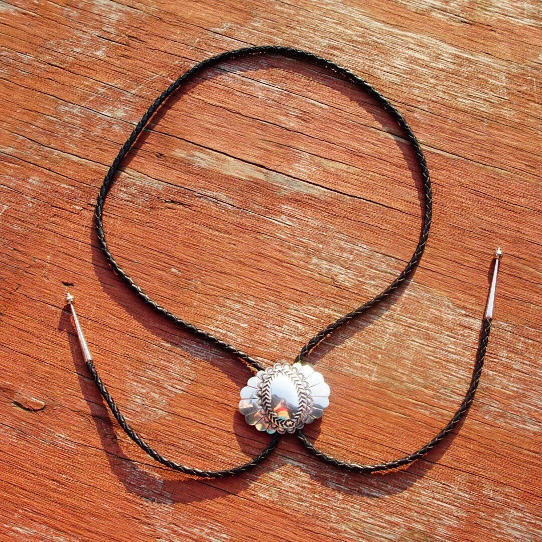 Vintage 1989 Signed Navajo Concho Bolo Tie, Hammered Silver Slide Clasp, Braided Black Leather, Silver Aglets, Native American Old Pawn
