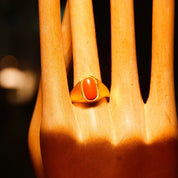 Vintage 22KT Gold Coral Cabochon Signet Ring, Lustrous Yellow Gold Ring, Polished Red Coral Stone, Handmade Indian Jewelry, Size 5 1/4 US